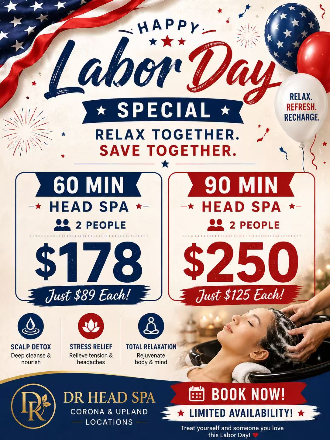 Labor Day Head Spa special for two at DR Head Spa Corona and Upland, 60 min for $178 and 90 min for $250